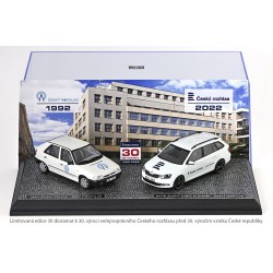 Diorama 30. výročí Českého rozhlasu: 1994 Škoda Felicia a 2018 Škoda Fabia III Combi – Abrex/iScale/Model DEPO 1:43